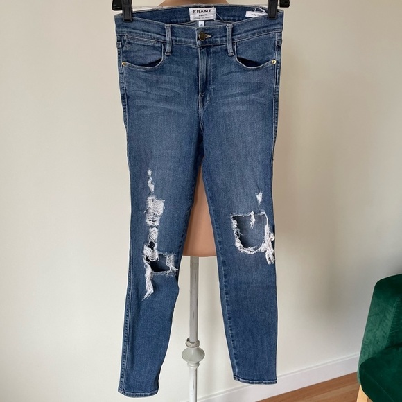 Frame Denim Le High Skinny Seeley Blue Stretch Jean Distressed LHSK899 EUC Sz 26 - Picture 3 of 9